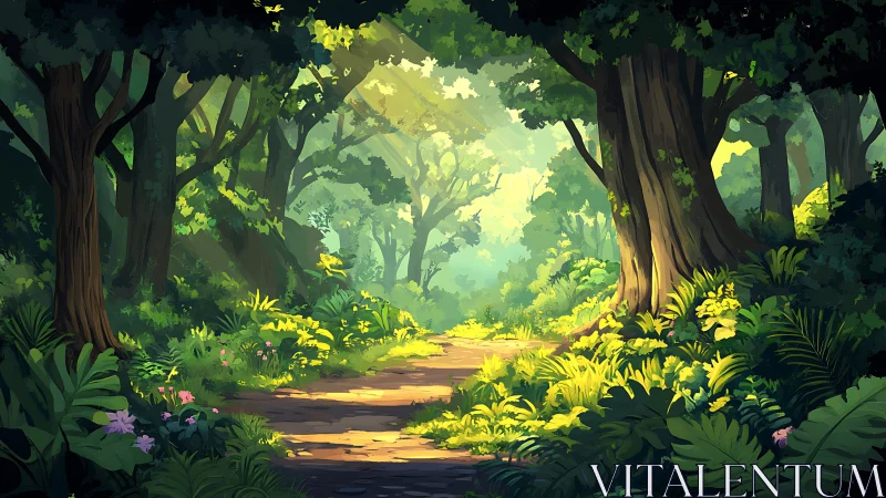 Forest Path Through Yellow Wildflowers and Ancient Trees.