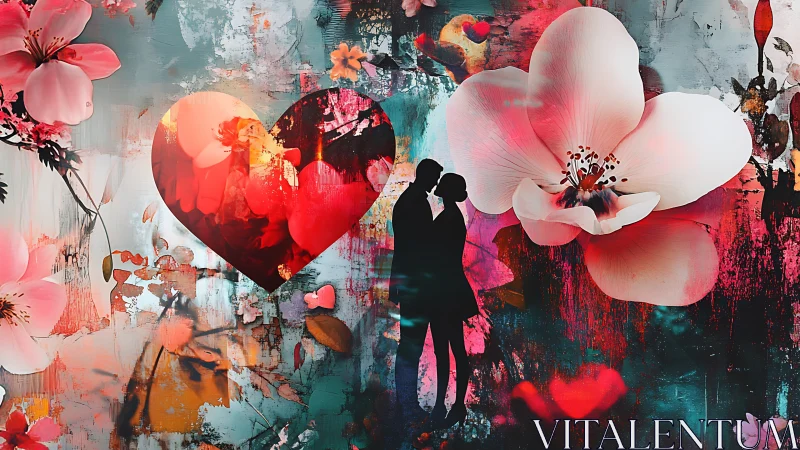 Composite artwork depicting silhouetted pair amid layered floral and geometric shapes.