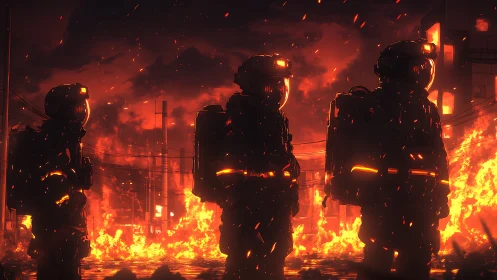Armored soldiers silhouetted against massive flames in burning urban environment