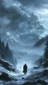 Solitary figure crossing a snow-covered alpine valley path.