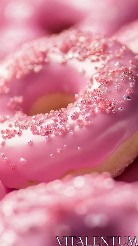 Closeup of pink frosted donuts with sparkling sugar sprinkles.