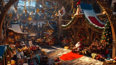 Interior workshop view with Santa figure and gift displays.
