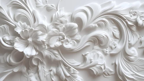 Elegant white floral relief sculpture with intricate baroque details.
