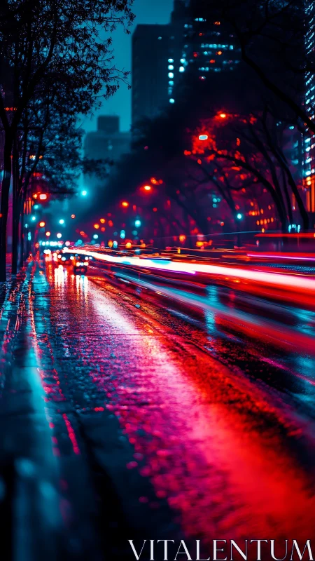 Neon city street glows softly in rain and rushing traffic