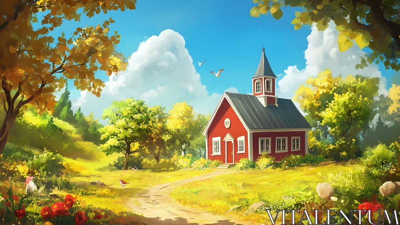 Sunny red countryside chapel in a bright peaceful meadow.