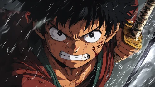 Anime swordsman advances through rain with focused expression