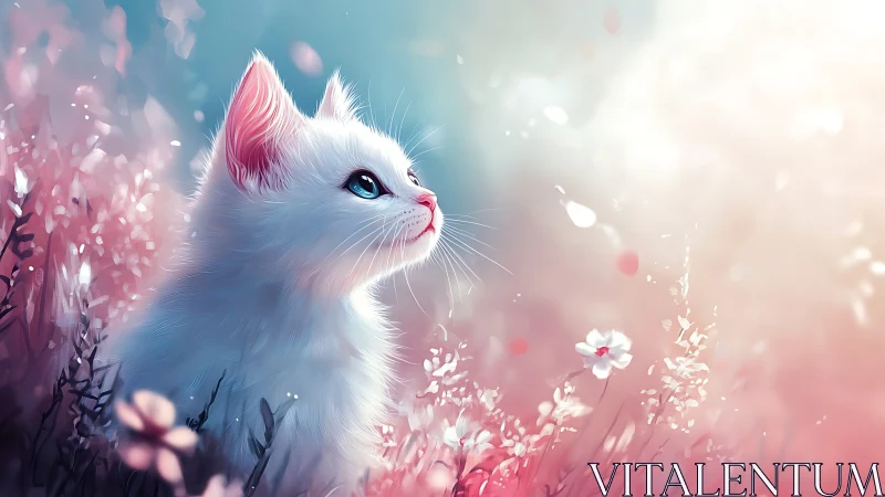 Serene White Kitten Gazing Among Blooming Pink Flowers.