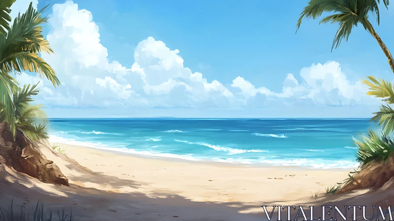 Tropical Beach Paradise with Palm Trees and Ocean Waves
