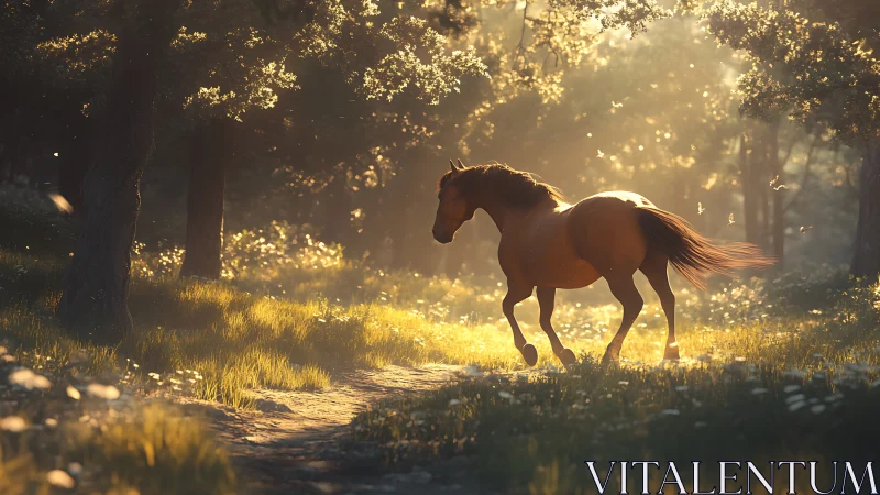 Horse moving along sunlit forest path in backlit haze.