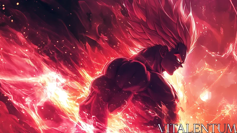 Dynamic anime warrior in infernal backlit energy surge.