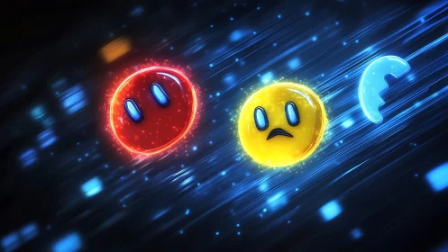 Glowing emoticons race through neon light trails in cyberspace.