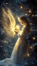 Luminous winter angel child with glowing golden spirit bird.