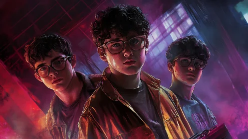 Teen trio in neon-lit alley rendered with cinematic lighting.
