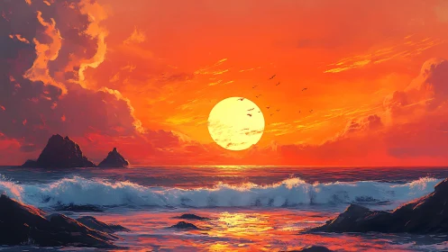 Radiant digital seascape isolates sun amid saturated surf