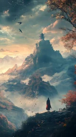 Solitary figure overlooks misty mountains and distant temple