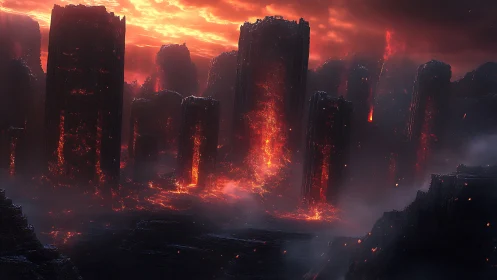 Molten monolithic ruins under incandescent volcanic sky.