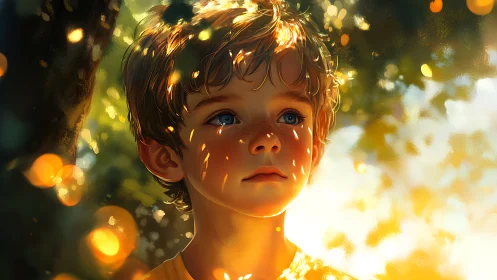 Backlit child portrait with dappled bokeh and warm rim lighting