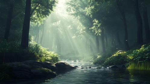 Forest Stream with Luminous Rays.