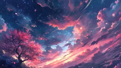 Pink blossoming tree under luminous sunset cloudscape