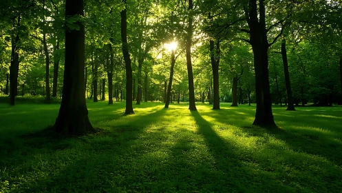 Sunlight Filtering Through Lush Green Forest in Serene Nature Scene.