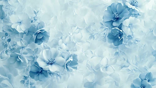 Monochromatic Blue Floral Composition with Layered Dimensional Depth.