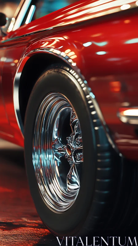 Chromed lowrider wheel close-up under warm neon reflections