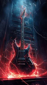 Electric guitar framed by server rack and red energy.