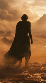 Cloaked lone figure on windswept desert plateau at dusk.
