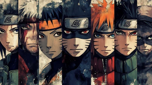 Vertically segmented anime portraits apply grunge texture compositing