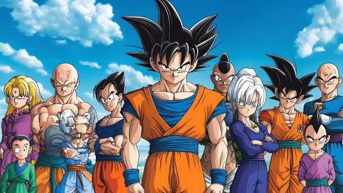 Anime battle team lineup under bright blue daytime sky