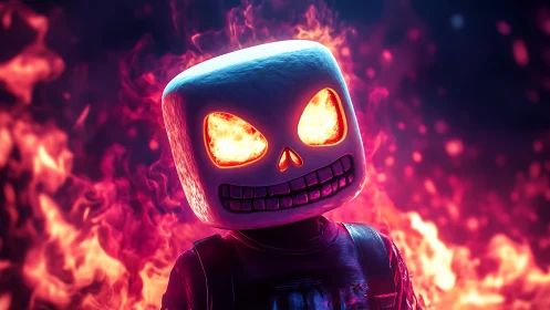 Marshmallow skullhead burns bright in neon inferno night.