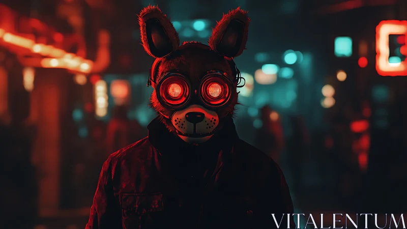 Canine gas mask figure in neon lit cyberpunk street scene.