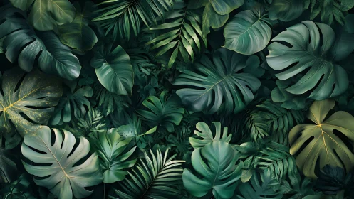 Lush jungle leaves layered in deep, tranquil greens.