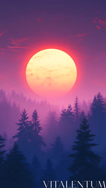 Neon dusk sun swallowing a dream-drenched violet forest.