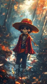Skeleton pirate youth stands in glowing autumn forest stream