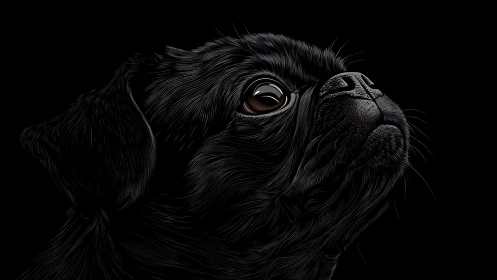Black pug portrait on dark background in side profile view.
