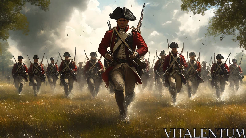 Redcoat soldiers stride forward across a sunlit battlefield