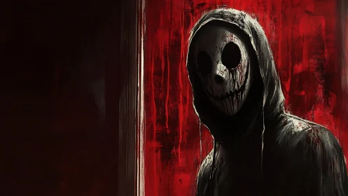 Hooded skull-mask figure framed by abstract red streaks.