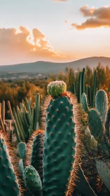 Golden desert cactus glowing softly in sunset warmth.