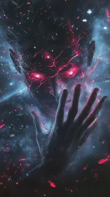 Crackling red energy blazes from a shadowy cosmic guardian