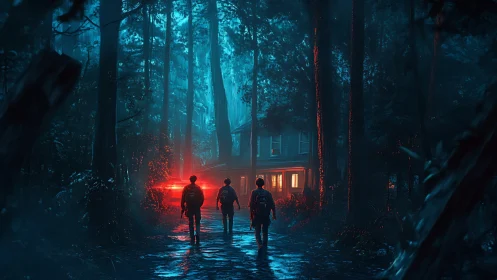 Three kids walk toward glowing house in dark forest.