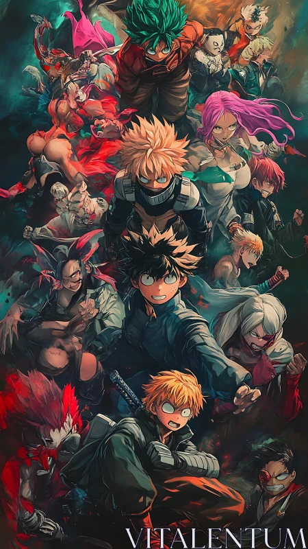 Unstoppable anime heroes surging forward in vivid chaos.