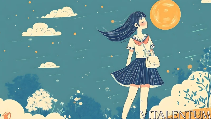 Girl in sailor uniform under stylized moonlit sky illustration.