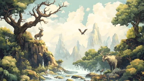 Majestic horned beasts survey serene river valley landscape