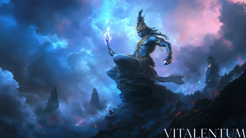 Blue-skinned deity figure sits on rocky peak amid glowing storm