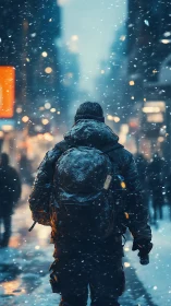 Solitary equipped traveler advances through dense urban snowfall
