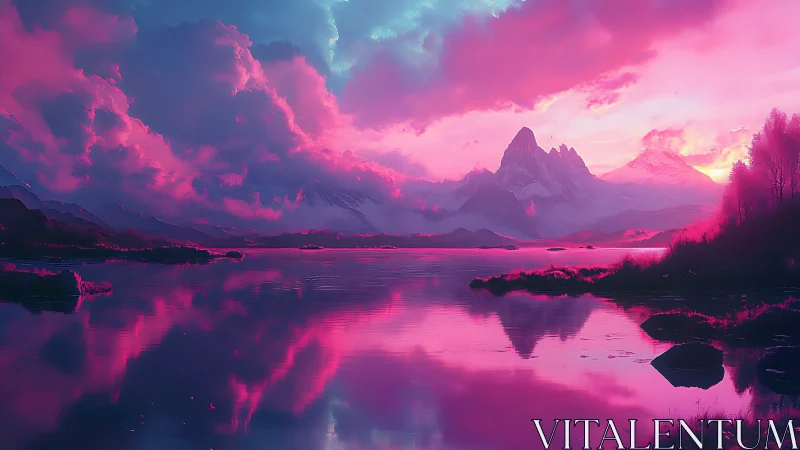 Dreamy pink mountains mirrored in a tranquil twilight lake.