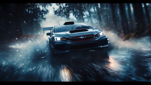 Rain-slashed forest road surrenders to a charging rally beast