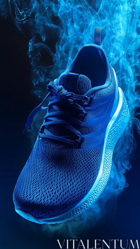 Blue athletic running shoe in stylized smoke lighting.