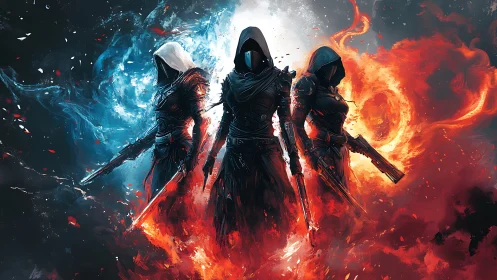 Hooded elemental guardians stand between fire and frost.